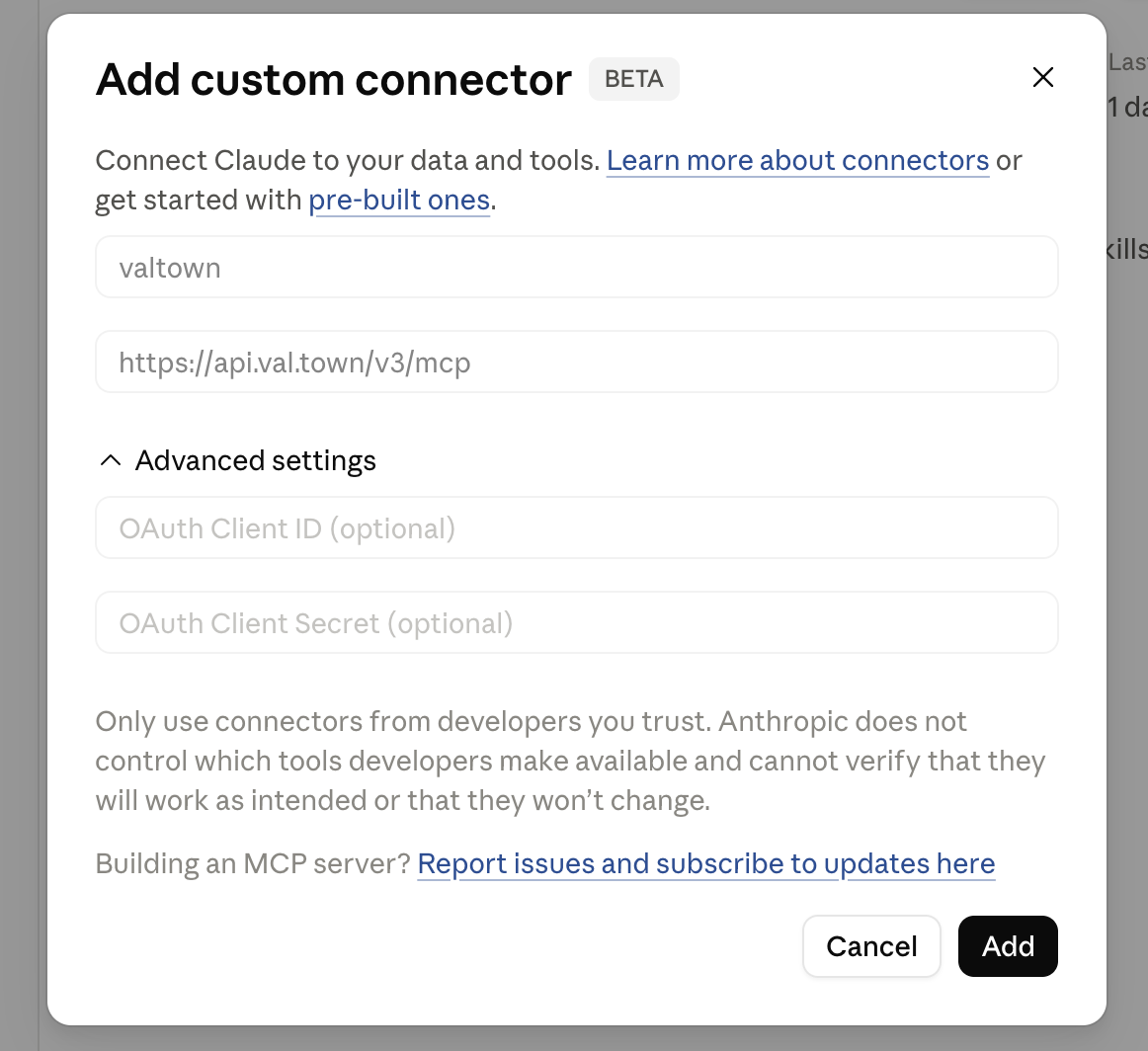 Add custom connector popup