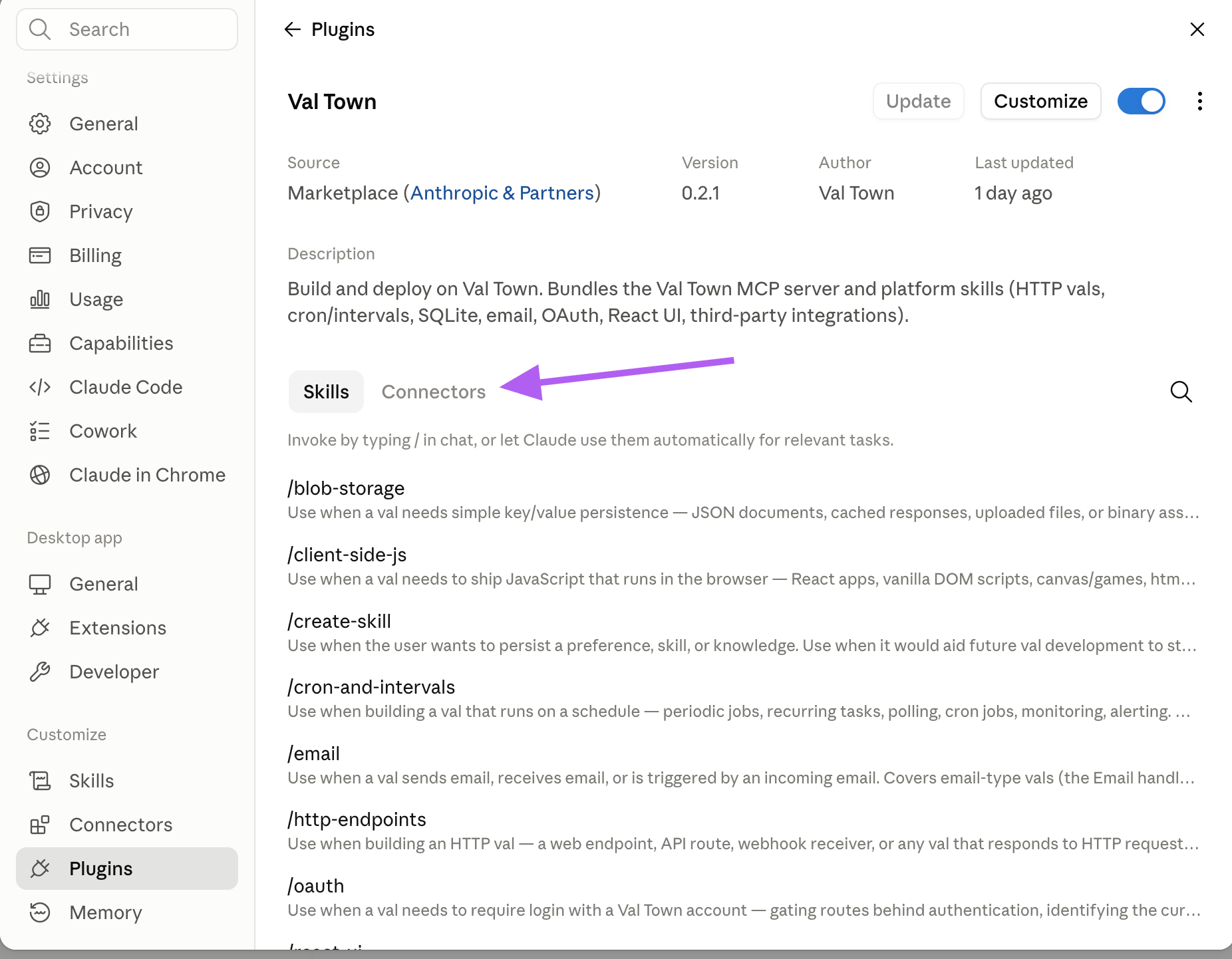 Val Town plugin Connectors tab