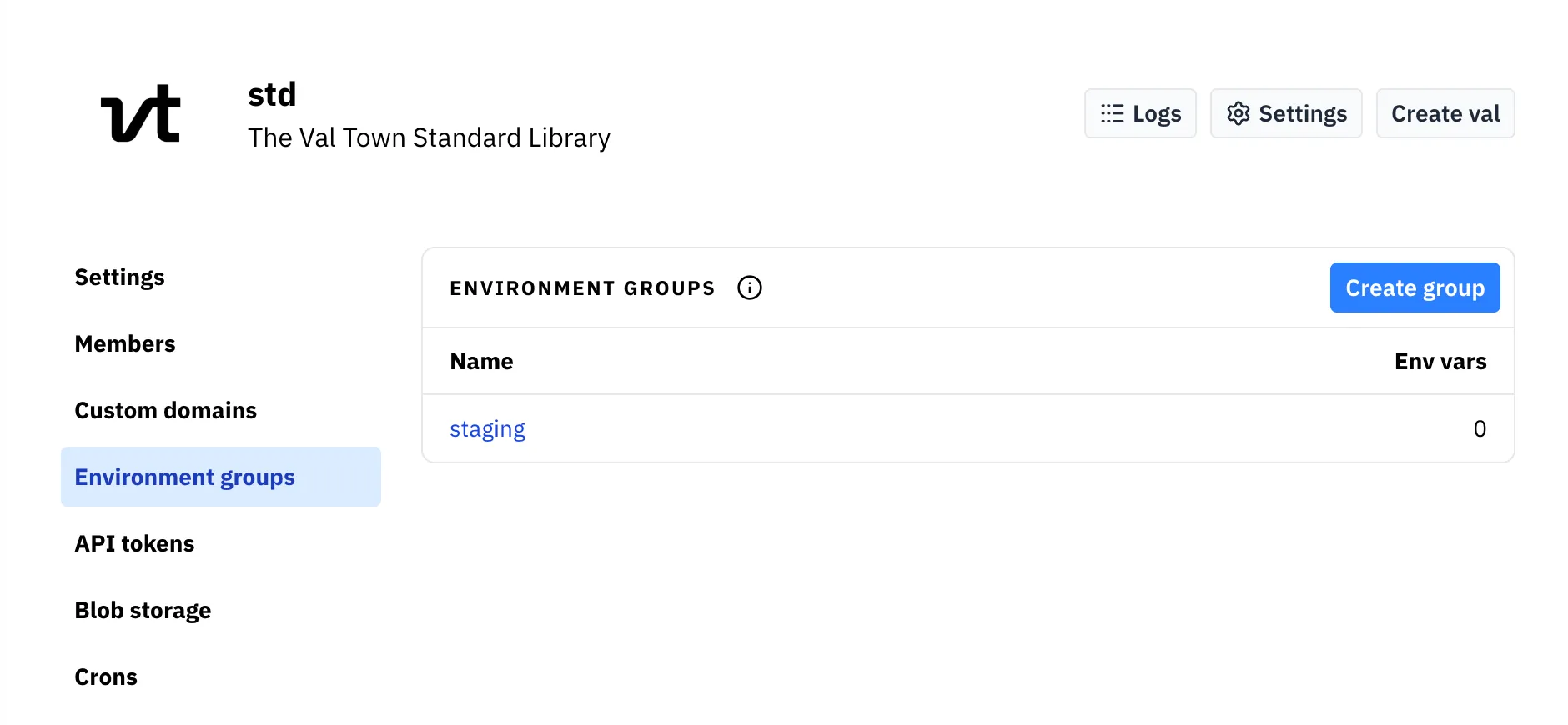 Screenshot of the environment groups interface with one group