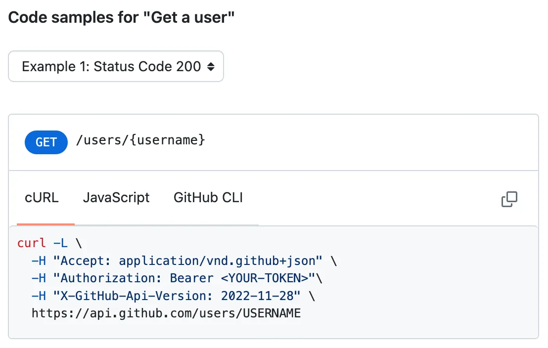 GitHub API endpoints have a cURL command that you can manually translate into a fetchJSON call (e.g. see Get a user). 